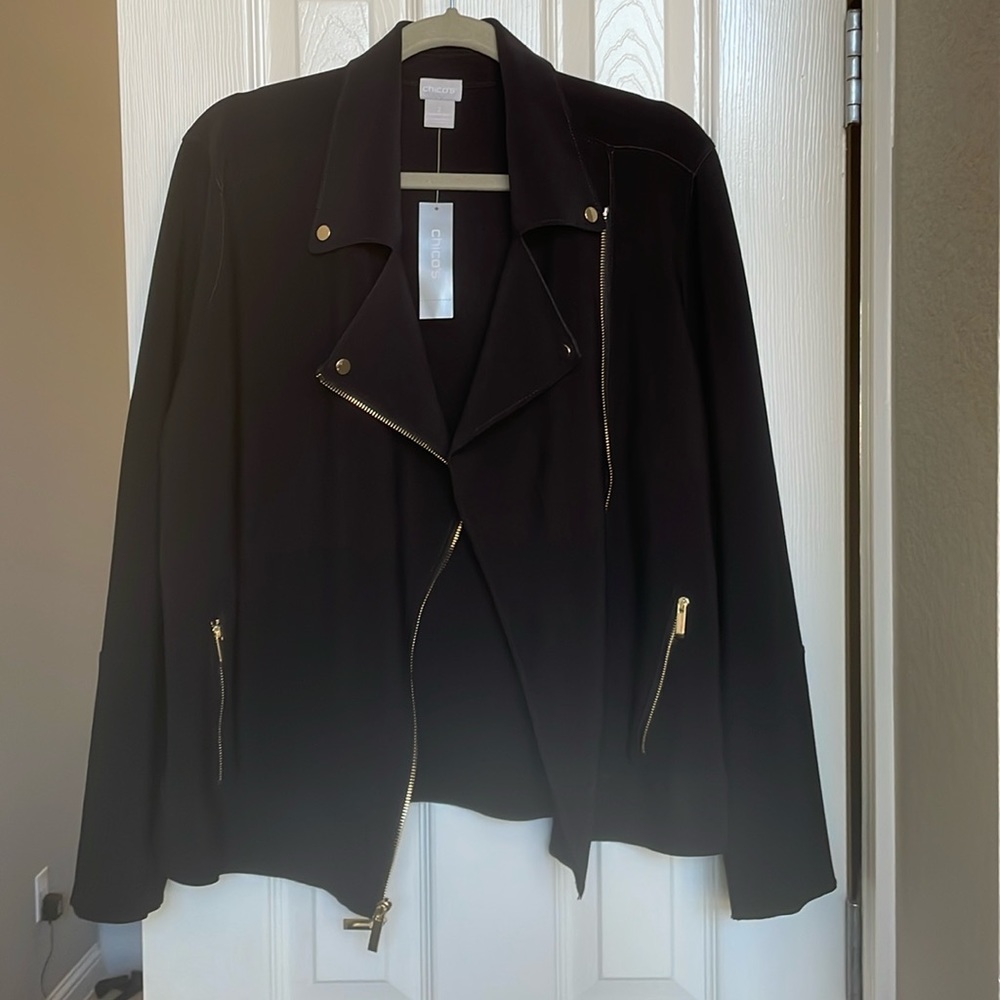 Chico’s women’s moto jacket in black. Size 2. NWT